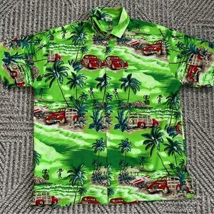 Paradise Collection Hawaiian Shirt Mens Sz L Tropical Bright  Green Vintage Cars